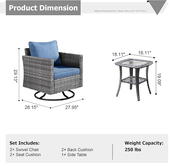 HOOOWOOO Wicker Outdoor Swivel Bistro Set for 2,3 Piece Patio Rocking Chairs and Table,All Weather Resistant Outside Out Door Rattan Rockers Furniture Set,Denim Blue