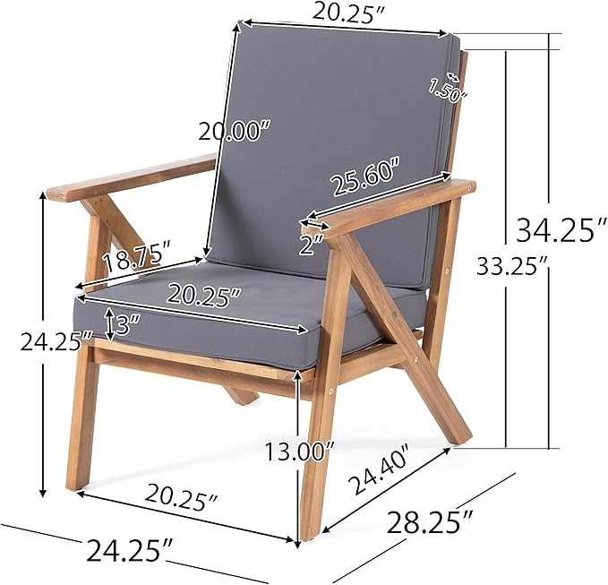 Christopher Knight Home Panama Outdoor Acacia Wood Chat Set with Water Resistant Cushions, 4-Pcs Set, Teak Finish / Grey