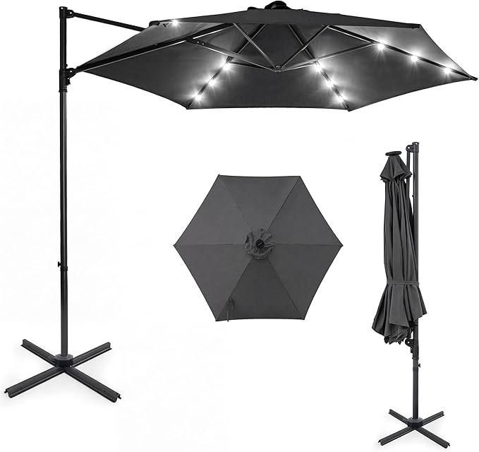 HAPPYGRILL 10 FT Patio Umbrella with Solar Lights, Outdoor Offset Cantilever Umbrella with White LED Lights, 360 Degree Rotation, Air Vent for Pool Deck Garden Backyard