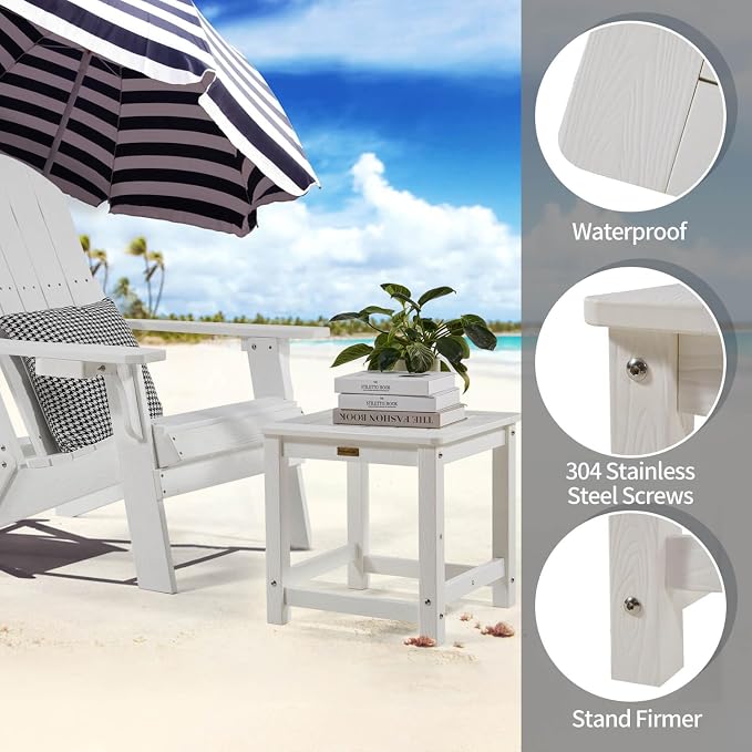 Outdoor Side Table Set of 4, HIPS Plastic Composite Adirondack Patio Table, Weather Resistant End Tables for Outside, Indoor, Patio, Garden, Pool, Porch, Backyard, Lawn, Deck - White