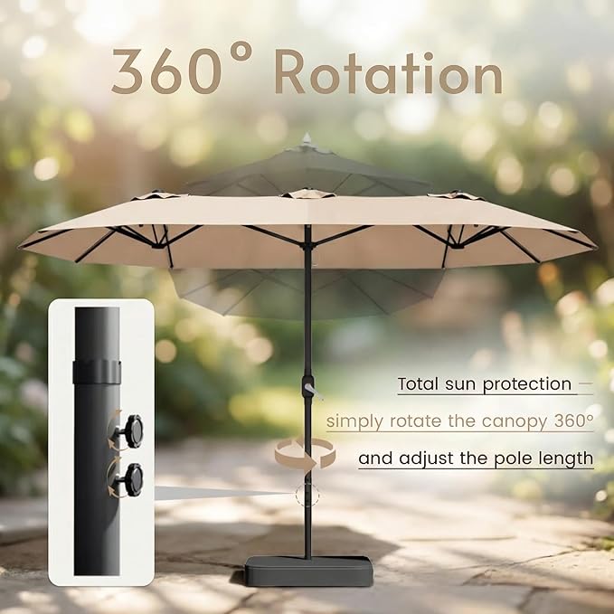 15ft Large Patio Umbrellas with Base Included, Outdoor Double-Sided Rectangle Market Umbrella with Stand, Outside Umbrellas for Poolside Lawn Backyard