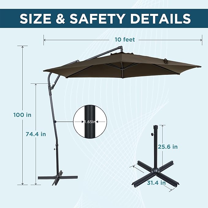 10FT Offset Patio Umbrella, Cantilever Hanging Umbrella with Infinite Tilt, Fade-Resistant Water-Repellent Canopy & Cross Base for Yard, Garden & Deck