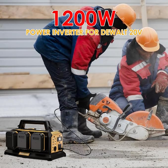 1200W Power Inverter for Dewalt 20V Battery,Compatible Battery Charger of 6 Ports Each 6A,20V to 110V Pure Sine Wave Inverter with 3 USB-A/Type-C/DC Port, Light,Cigarette Lighter Socket for Emergency