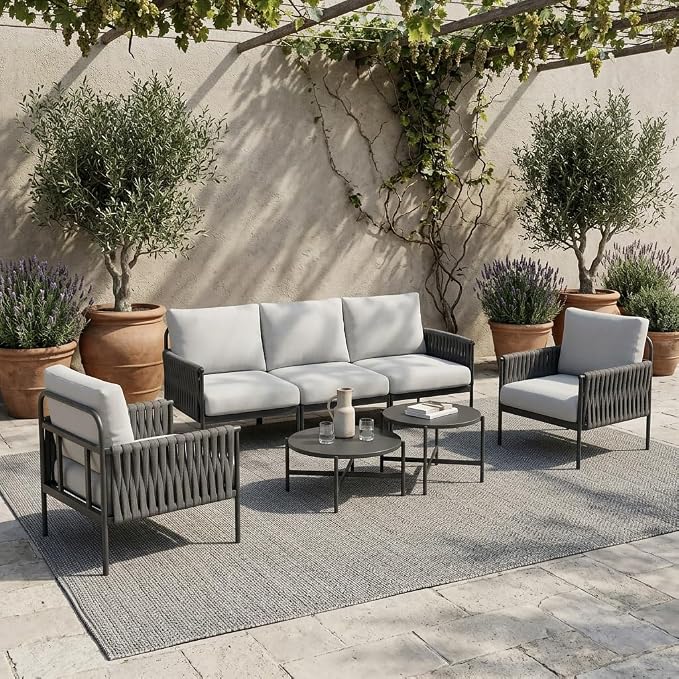 Pamapic 7-Piece Woven Rope Outdoor Furniture Set, Iron Frame Patio Conversation Set with Thick Cushions & 2 Coffee Tables, All-Weather Sectional Patio Furniture Set for Backyard, Porch, Grey