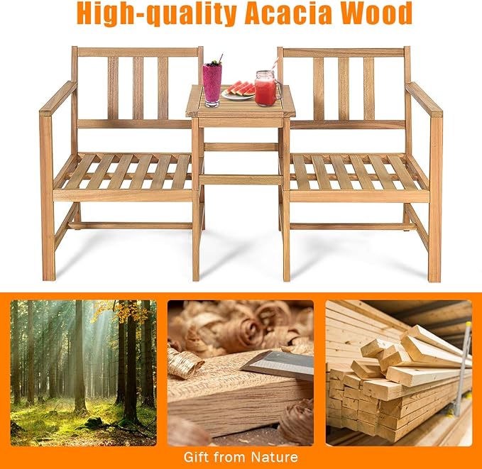 Tangkula 3 in 1 Acacia Wood Loveseat with Separable Coffee Table, 3-Piece Wooden Chairs Set with Cushions, 2-Seater Outdoor Furniture Set for Garden Backyard Balcony Patio Poolside (Natural Teak)