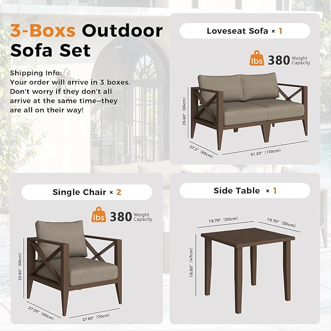 Aluminum Outdoor Furniture Set,4-Seats Patio Sectional Conversation Sofa with 5.2" All-Weather Cushions and Coffee Table,Outdoor Patio Furniture Set for Deck, Porch, Garden (Brown)