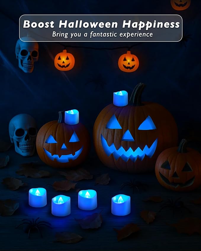 Raycare 24 Pack Blue Battery Operated Tea Lights, 200+Hour Electric Flickering Flameless Candles, Realistic Votive LED Tea Lights for Wedding Party Table Thanksgiving Christmas Decorations