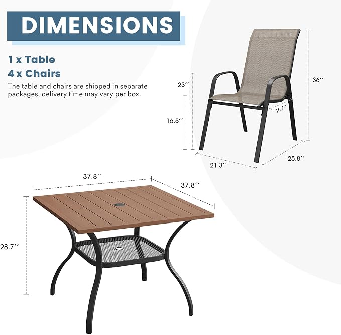 DIFY 5 Piece Outdoor Dining Set, 38" Walnut Square Metal Patio Table and Brown Textilene Stackable Chairs for 4, All Weather Patio Furniture Set with Umbrella Hole for Backyard Garden Deck