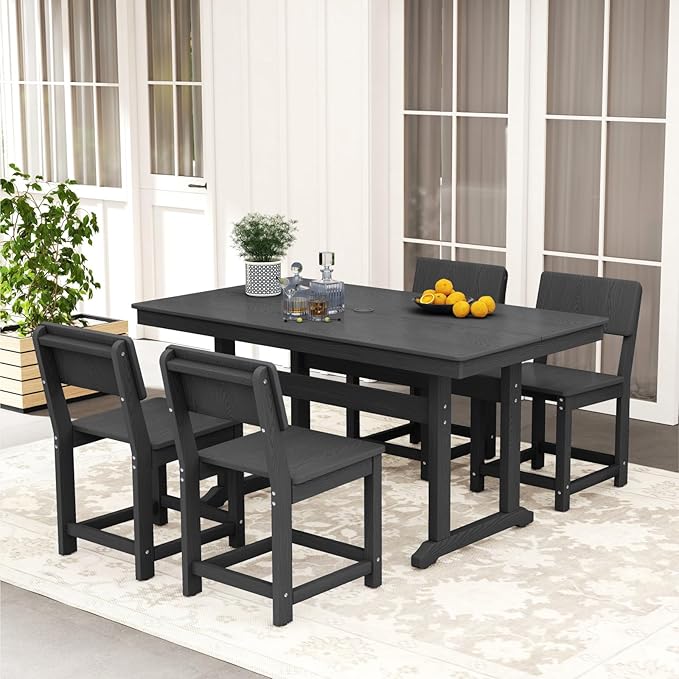 5-Piece HDPE Outdoor Patio Dining Set,Modern Plastic Dining Sets，Patio Table and Chairs Set with Umbrella Hole Cut-Out Table and 4 Chairs Black