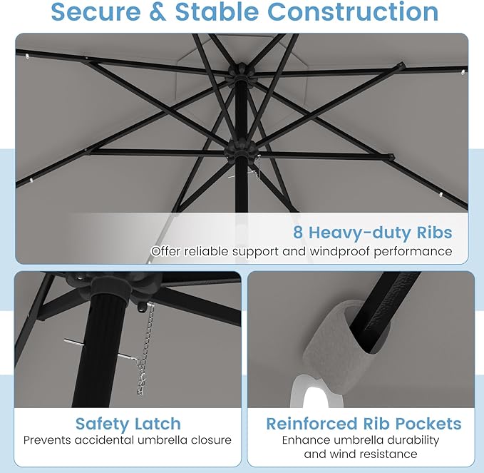 HAPPYGRILL 10 FT Patio Umbrella with Solar Lights, Market Sunshade with Ruffles, Vented Top, Tilt Adjustment & Built-in Crank, Outdoor Parasol Canopy for Backyard Poolside Deck Beach Lawn