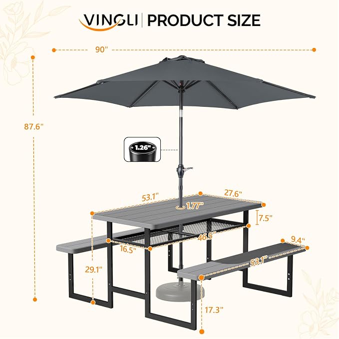 VINGLI 4.5ft Outdoor Picnic Table with Storage Shelf & 7.5 ft Umbrella, Wood Grain HDPE Top with Metal Frame Plastic Picnic Table for Dining Party Garden(Grey Table)