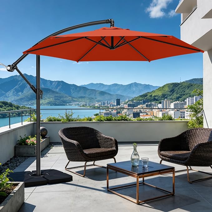 AreShark 10FT Patio Outdoor Umbrella, Offset Patio Umbrella Cantilever Umbrella, 6 Sturdy Ribs, Easy Adjustment for Garden Market Pool with Cross Base (Orange)