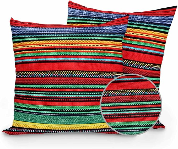Outdoor Waterproof Throw Pillows Mexican Colorful Stripes Patio Pillows Pack of 2,Decorative Pillow Covers with Insert,Pillow Cushion Case for Garden Couch Sofa Rainbow Lines Ethnic Style