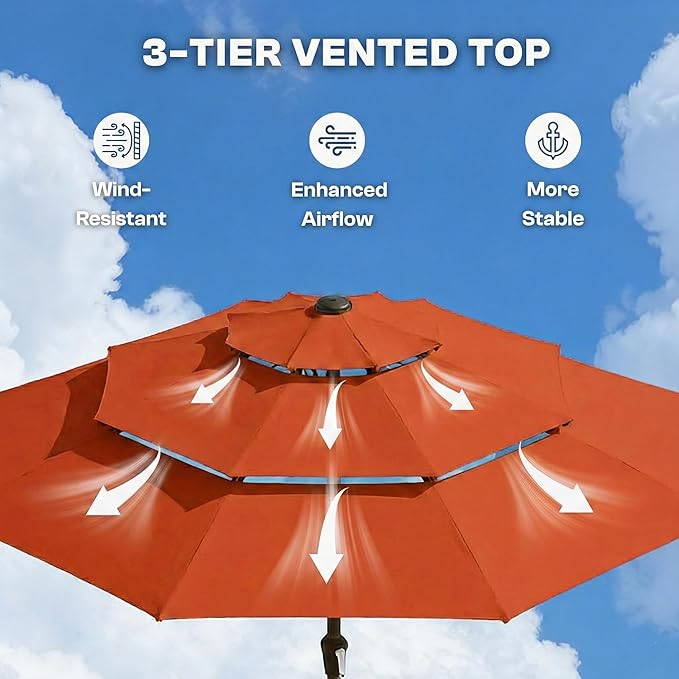 10ft 3-Tier Patio Umbrella with 32 Solar Powered LED Lights, Windproof Outdoor Market Umbrella for Deck, Poolside & Garden, Sturdy Push-Button Tilt Table Umbrella, Terracotta