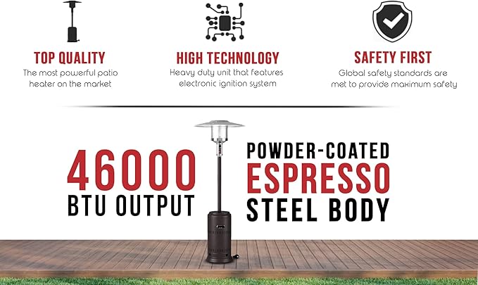 Fire Sense 63717 Performance Series Patio Heater With Wheels 46,000 BTU Output Electronic Ignition System Portable Outdoor Propane Heater For Residential - Espresso