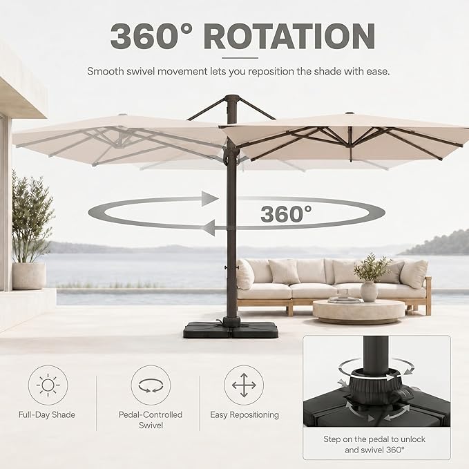 Cantilever Patio Umbrella, Large Square Outdoor Offset Umbrella with Aluminum Pole, 360-degree Rotation for Garden, Deck, Pool