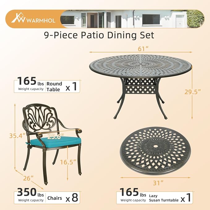 9-Piece Patio Furniture Dining Set, All Weather Cast Aluminum Outdoor Conversation Set- 61" Round Patio Dining Table with Detachable Lazy Susan, 8 Cushioned Chairs, Umbrella Hole, Ocean Blue
