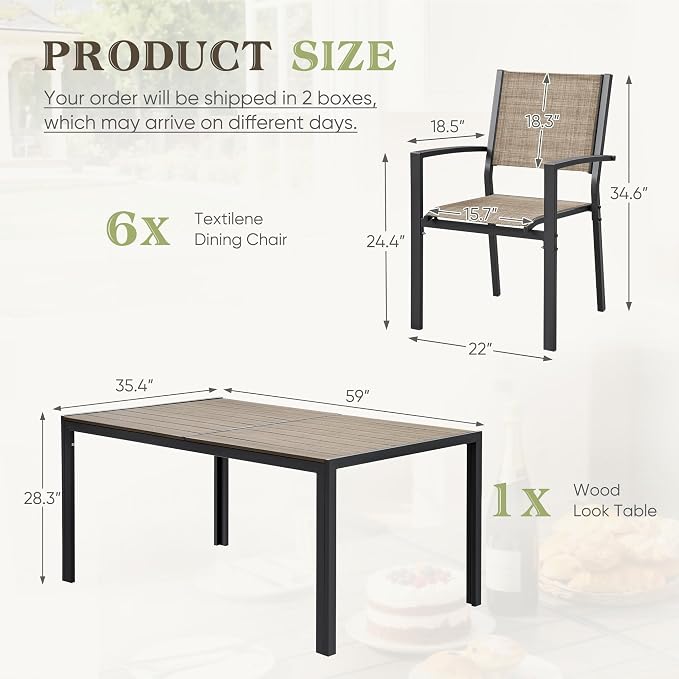 Greesum Patio Dining Set 7 Piece, Outdoor Furniture Textilene Chairs with Large Table, Comfortable for Porch, Pool, Garden, Brown