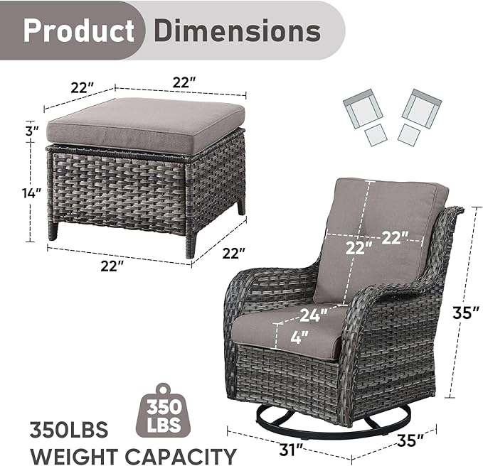 Outdoor Swivel Chairs-Patio Swivel Glider Chairs with Ottomans Outdoor Conversation Set for Deck Balcony Poolside Backyard-Grey/Grey