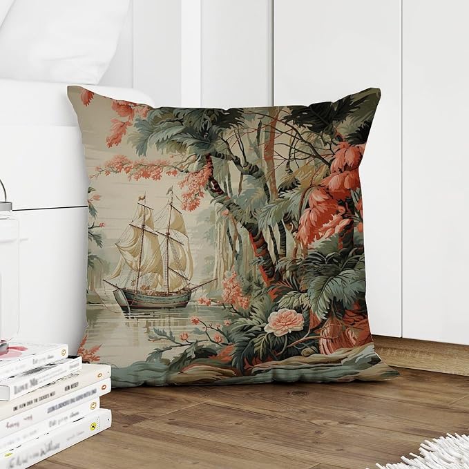 Moore Manor Antique Chinoiserie Pillowcase Vintage Boats and Flowers Throw Pillow Cover Retro Decorative Cushion Cases Home Decor for Patio Couch Sofa Office 18x18 in