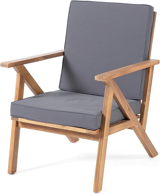 Christopher Knight Home Panama Outdoor Acacia Wood Chat Set with Water Resistant Cushions, 4-Pcs Set, Teak Finish / Grey