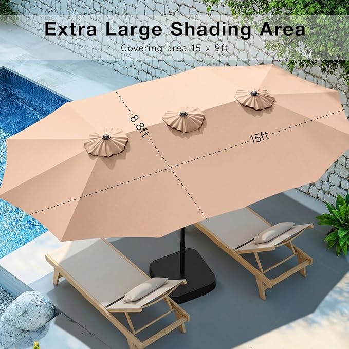 ONBRILL 2026 Upgraded 15ft Outdoor Patio Umbrella with Base Included, Extra Large Pool Umbrellas with Crank, Double Sided Rectangle Table Umbrella for Deck, Market, Garden