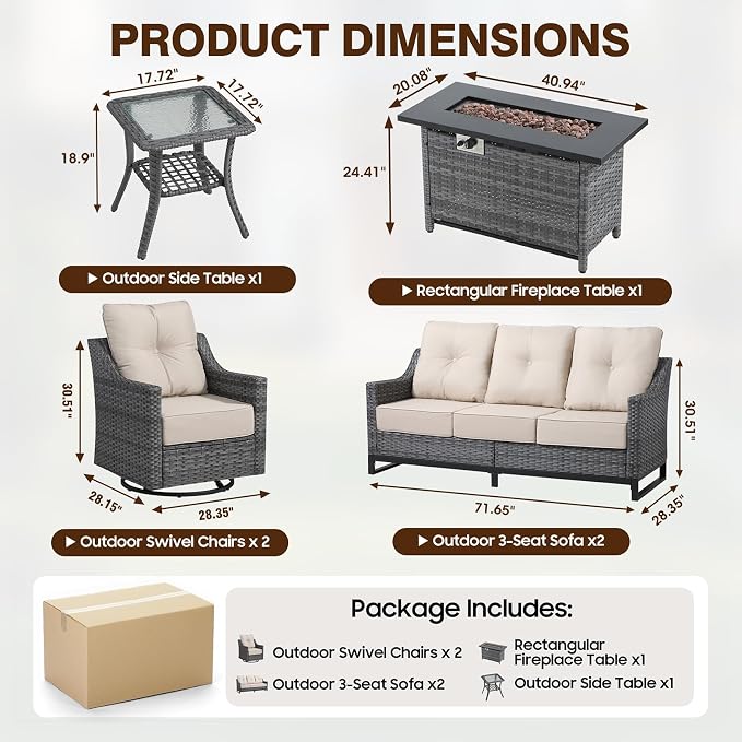 6 Piece Patio Furniture Set with Fire Pit,360°Swivel Patio Chairs Set of 2, Outdoor 2 Sofas,Side Table,Cozy 60,000 BTU Rectangle Fire Pit Table, Wicker Patio Sets with 6 Inch Thick Cushions