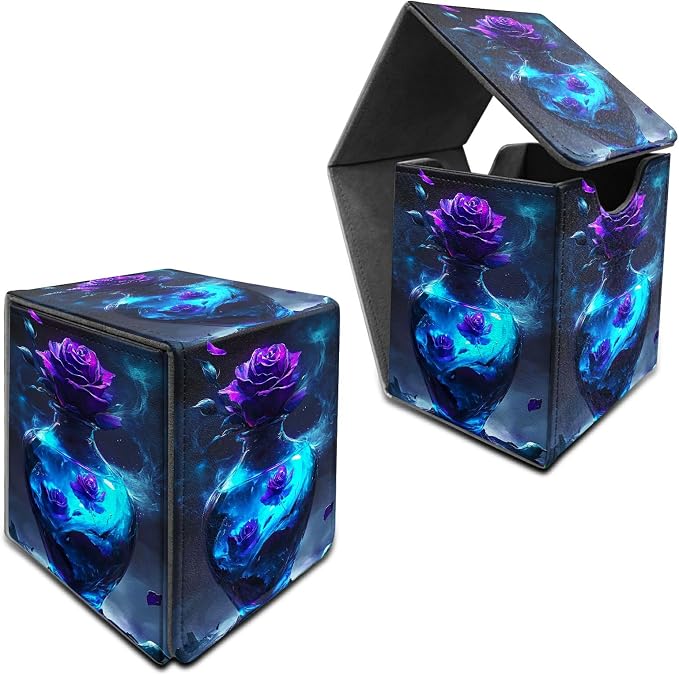 Deck Box for MTG, Cards Storage Box Fits 120+ Sleeved, Leather Medium Size Strong Magnetic Closing Card Case for Board Games Magic TCG CCG Baseball Collection, Purple Rose Vase