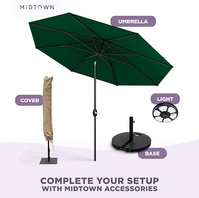 Midtown Umbrellas - The Lean 8 Ft Patio Umbrella with Fade-Resistant Sunbrella Fabric, Auto-Tilt Aluminum Frame and 8 Reinforced Ribs for Deck, Pool & Garden - Forest Green Canopy, Black Pole