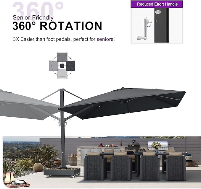 PURPLE LEAF 12' X 9' Space Saving Rectangle Patio Umbrella Large Outdoor Aluminum Offset Umbrella with 360-degree Rotation Cantilever Umbrella for Garden Deck Backyard Pool Grey