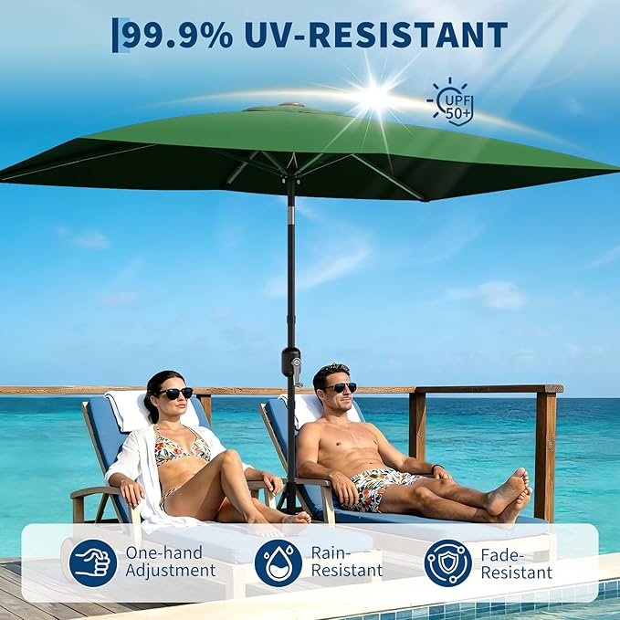 Garvee 10' x 6.5' Rectangular Patio Umbrella, Outdoor Table Umbrella with Crank and Push Button Tilt, Market Umbrella Sun Umbrella with 6 Sturdy Ribs Tilt for Garden, Deck, Lawn, Pool -Dark Green