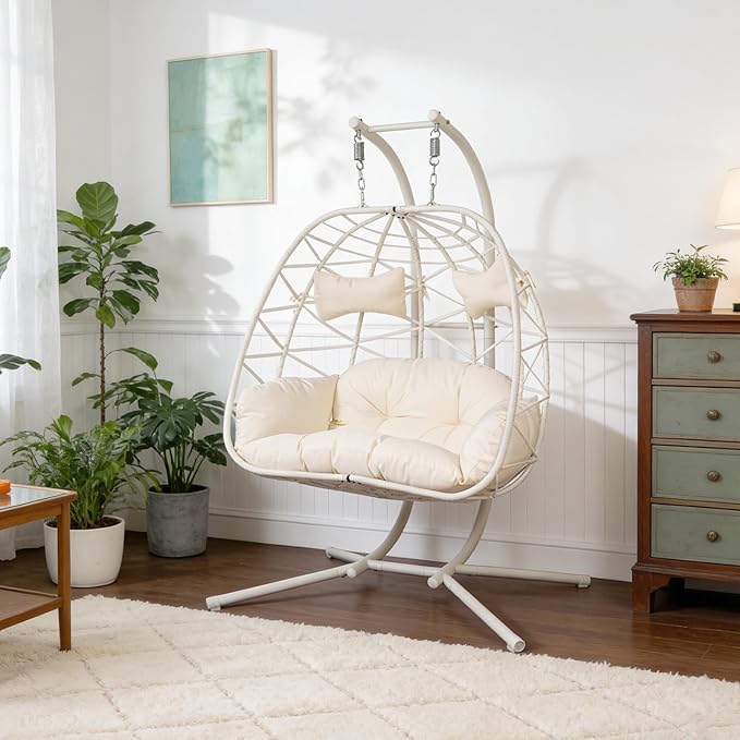 Double Egg-Shaped Hammock Chair with Stand Swing Egg Chair, Wicker Hanging Chair with Washable Cushion Sturdy Metal Stand, 600lbs Capacity for Indoor Outdoor Patio Living Room Etc(White+White)