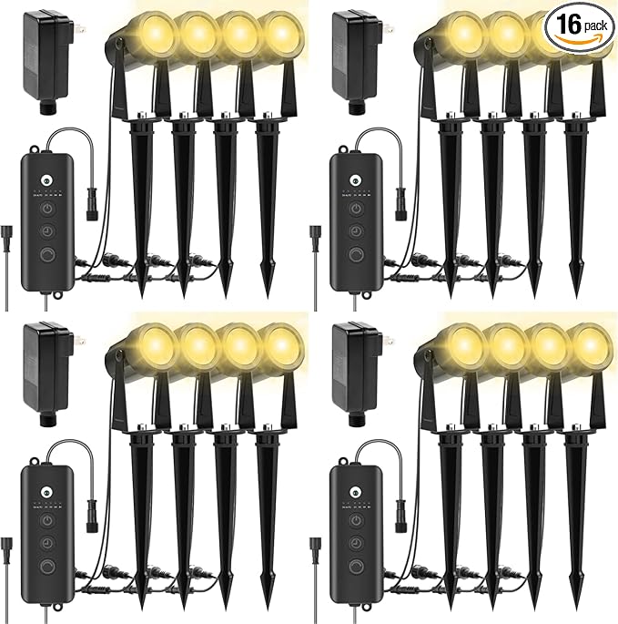 ZYAN Landscape Spotlights with Sensor, 5 Lighting Modes for Brightness Adjustment, Dimmable Timer Auto On Off, Low Voltage Outdoor IP65 Waterproof for Patio Yard Garden Path, Warm White (16 Pack)