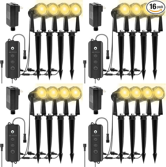 ZYAN Landscape Spotlights with Sensor, 5 Lighting Modes for Brightness Adjustment, Dimmable Timer Auto On Off, Low Voltage Outdoor IP65 Waterproof for Patio Yard Garden Path, Warm White (16 Pack)