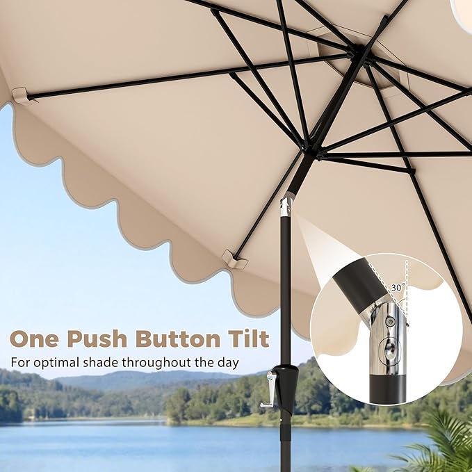 Tangkula 10 FT Patio Umbrella with Base Included, 2-Tiers Outdoor Scalloped Table Umbrella with 2 Sandbags, Tilt Adjustment, Crank, 8 Ribs for Market Backyard Pool Deck Beach Lawn