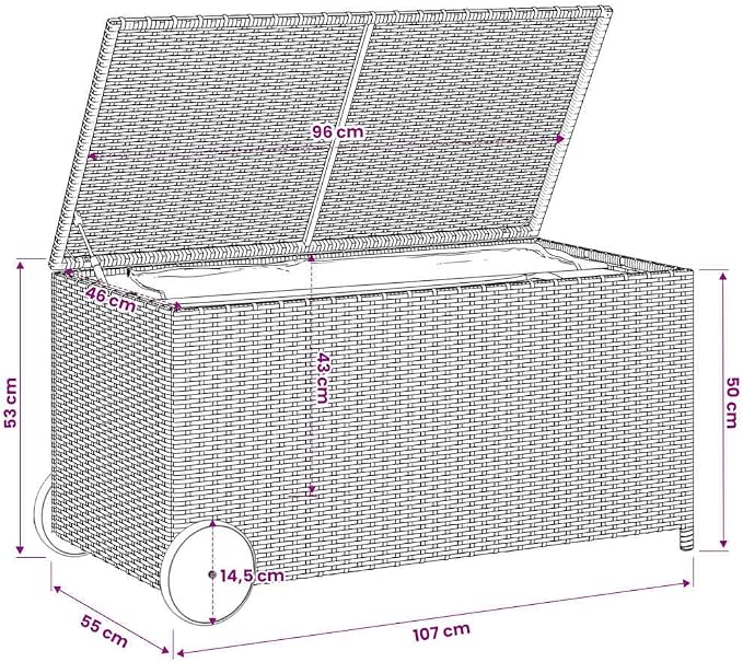 Garden Storage Box with Wheels 50.2 Gal Brown Poly Rattan Resin Outdoor Deck Container Chest with Bag and Lockable Lid for Patio Yard Porch Backyard Use