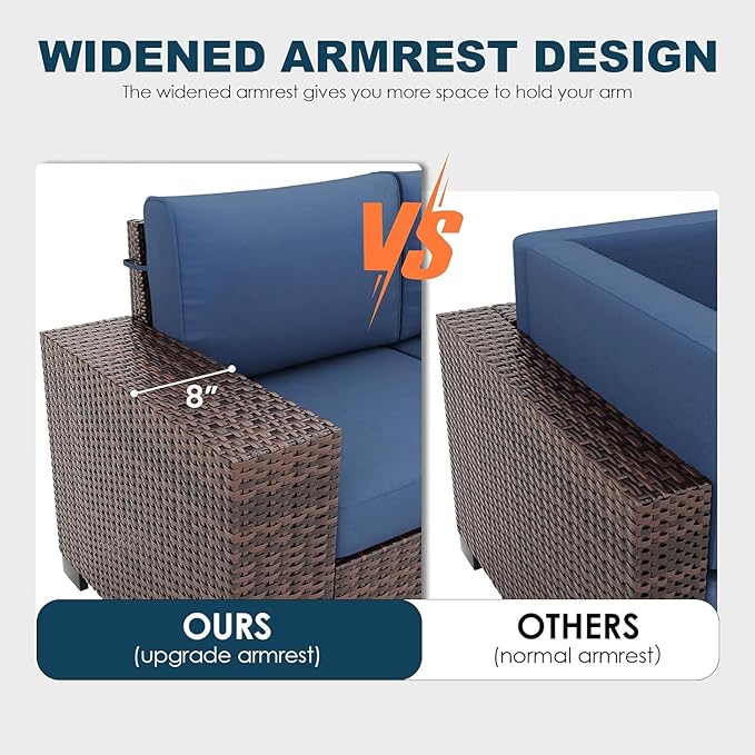 Patio Furniture Set, 6 Pieces Outdoor Sectional Sofa Conversation Sets Modern Wicker Seating Set, 4'' Thickened Cushions 1 Glass Coffee Table for Backyard Poolside, Navy Blue