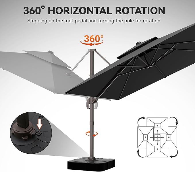 GENTEACO 10X10 FT Cantilever Umbrella with Base Included, Large Offset Patio Umbrella with Double Top, 6 Angle Tilts & 360° Rotation, Large Square Sun Umbrellas for Outdoor Pool Market, Black