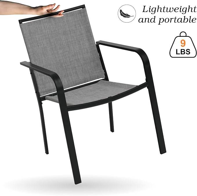 Anmutig 3-Piece Outdoor Dining Set, Small Metal Bistro Table with 2 Stackable Sling Chairs, 27.5 x 27.5 Inch Round Table, Grey Fabric