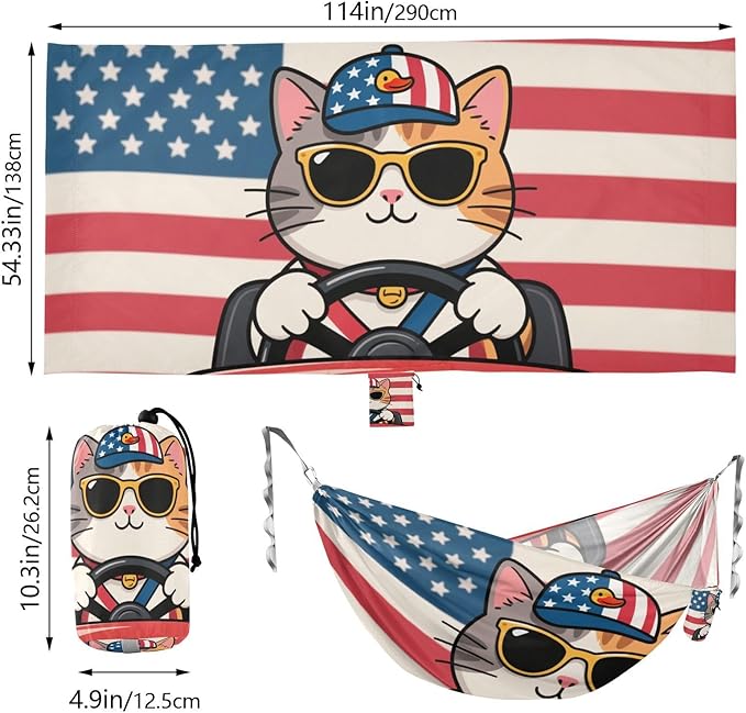 Cartoon Cute Yellow Cat 4th of July Independence Day 330lb Capacity Outdoor Hammock with Hanging Rope Cloth Hammock for Outside Patio Backyard Poolside hamaca de Algodon para Jardin