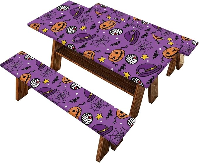 Halloween Picnic Table Cover with Bench Covers 3 Piece Fitted Picnic Table Cover with Bench Covers Picnic Table Covers with Elastic Band Picnic Table Cover for Halloween Decoration