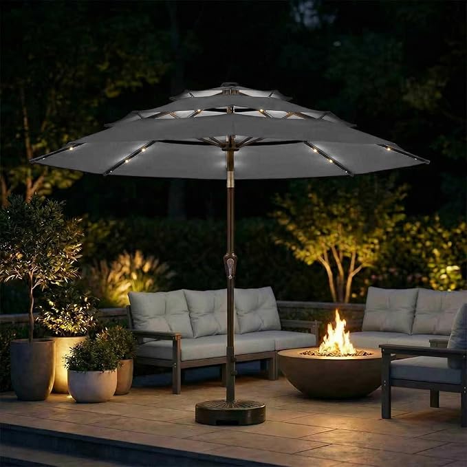 10ft 3-Tier Patio Umbrella with 32 Solar Powered LED Lights, Windproof Outdoor Market Umbrella for Deck, Poolside & Garden, Sturdy Push-Button Tilt Table Umbrella, Gray