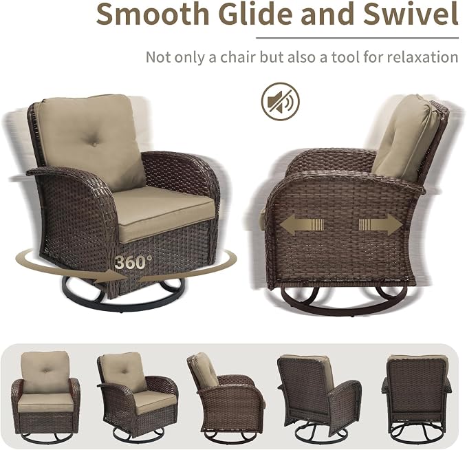 Outdoor Swivel Rocker Patio Chairs 3 Pieces，Swivel Patio Chairs with Cushions，Outdoor Swivel Rocking Chairs Set of 2 with Rattan Side Table，Patio Furniture Set for Outside Porch Deck