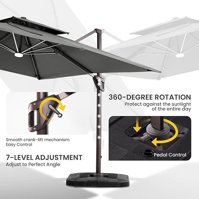 10x10 FT Cantilever Patio Umbrella with Base and Led Lights Double Top Outdoor Square Large Heavy Duty Aluminum Offset Umbrellas with 7 Level Tilt 360-degree Rotation for Pool Garden Deck, Grey