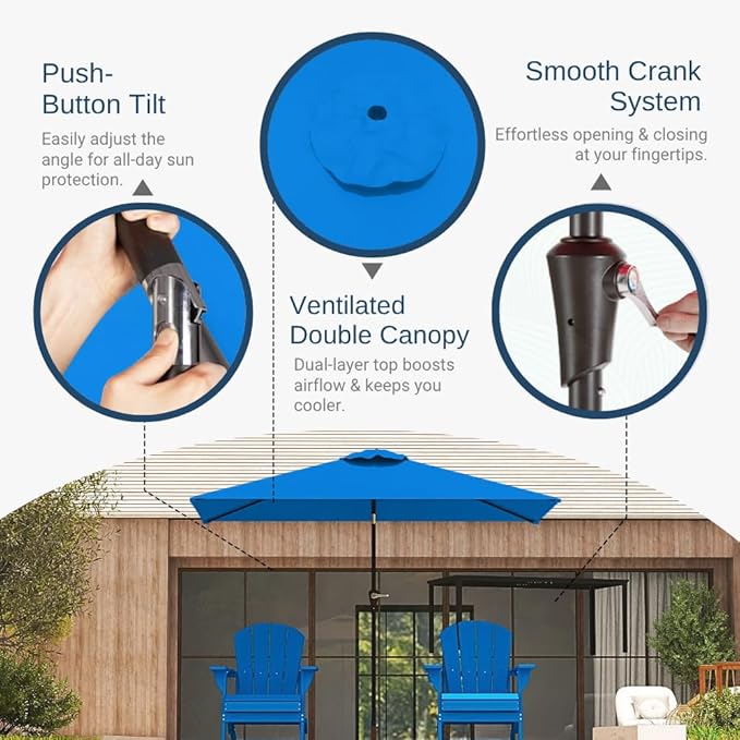 6.5' x 10' Rectangular Patio Umbrella Large Outdoor Market Umbrella w/UV Protection, Push Button Tilt and Crank Lift, Rectangle Table Umbrella for Garden, Deck, Pool, Patio, Royal Blue