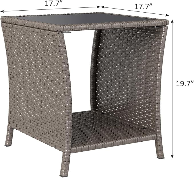 Kinfant Rattan Patio Side Table - Modern Wicker End Table, PE Rattan Coffee Table with Glass Top, Weather-Resistant Patio Furniture for Patio, Balcony, Garden, and Poolside (1, Sesame)