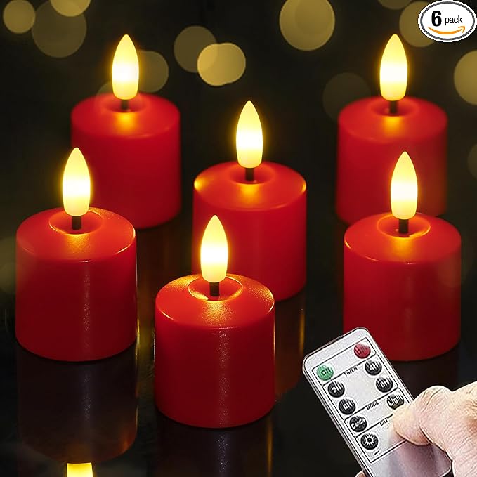 Small Flickering Tea Light Flameless Candles with Battery and Remote,1.5" x2.5" Red LED 2/4/6/8H Timer Votive Battery Operated Pillar Plastic Long Lasting 6pcs Tealight Candles