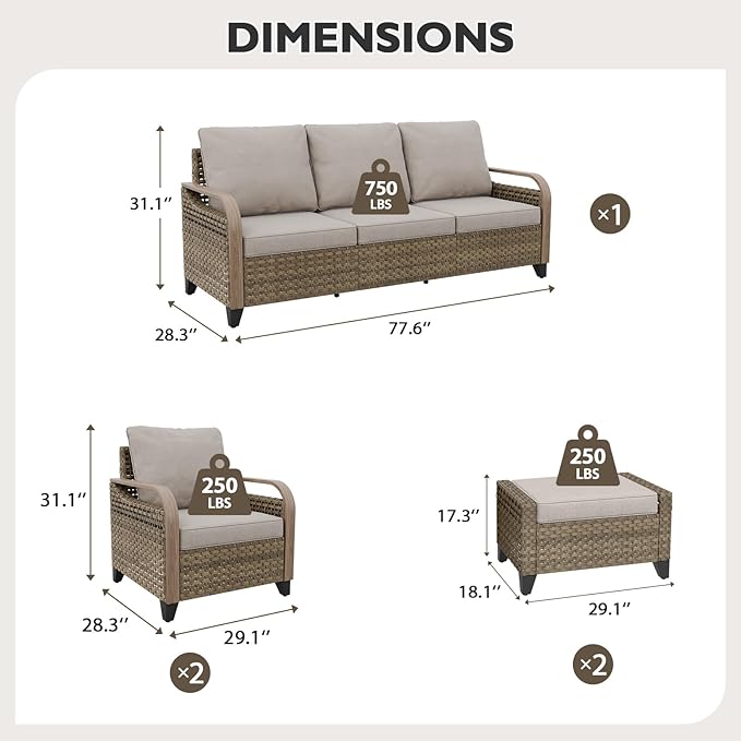 EAGLE PEAK Modern Wicker Outdoor Patio Furniture Set, Patio Conversation Set, 2 Chairs, 3-Seat Loveseat and 2 Ottomans, 5 Pieces, Brown/Gray