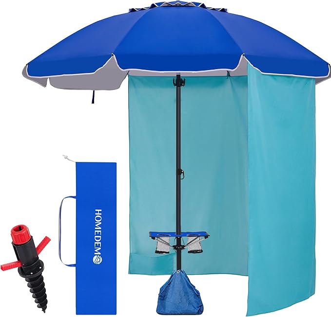HOMEDEMO 8FT Large Beach Umbrella with Weight Bag & Sand Anchor, Outdoor Umbrellas with Adjustable Aluminum Pole and Table, Heavy Duty Windproof & UPF 50+