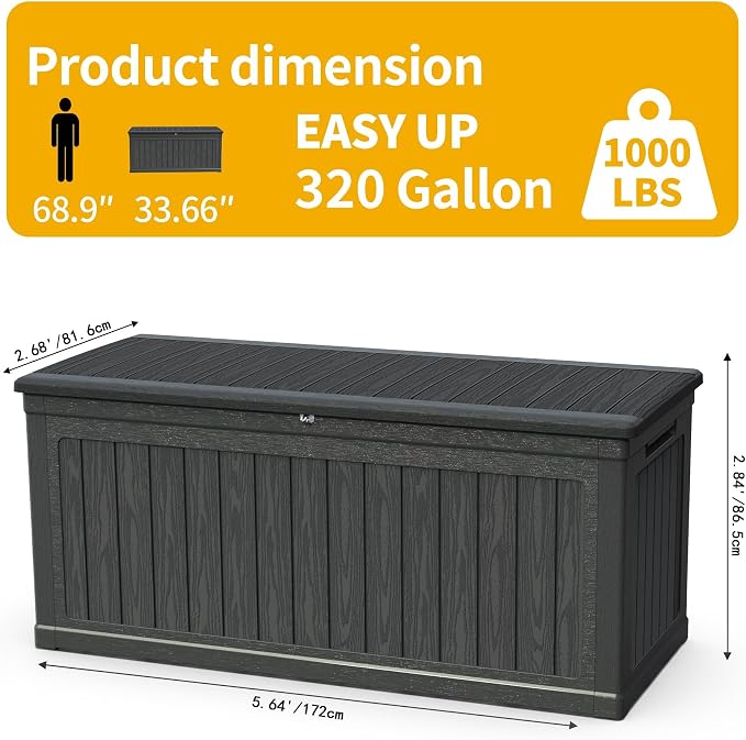 320 Gallon Waterproof Outdoor Storage Box, Lockable Patio Deck Boxes With Handle, Indoor and outdoor Resin Storage Box for Garden Tools, Patio Cushions, Package Delivery, Black